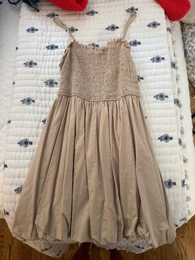 Smocked Bodice Mini Dress in Beige – Lightweight Summer Sundress